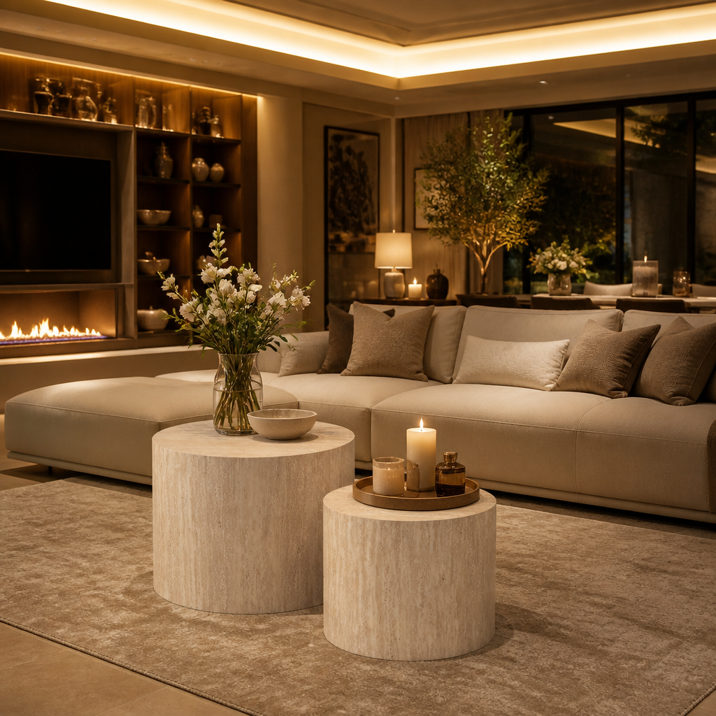 Travertine Mid-Century Marble Coffee Table lifestyle view 4