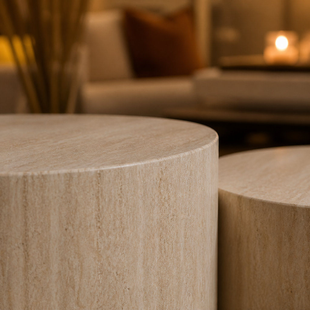 Travertine Mid-Century Marble Coffee Table lifestyle view 5