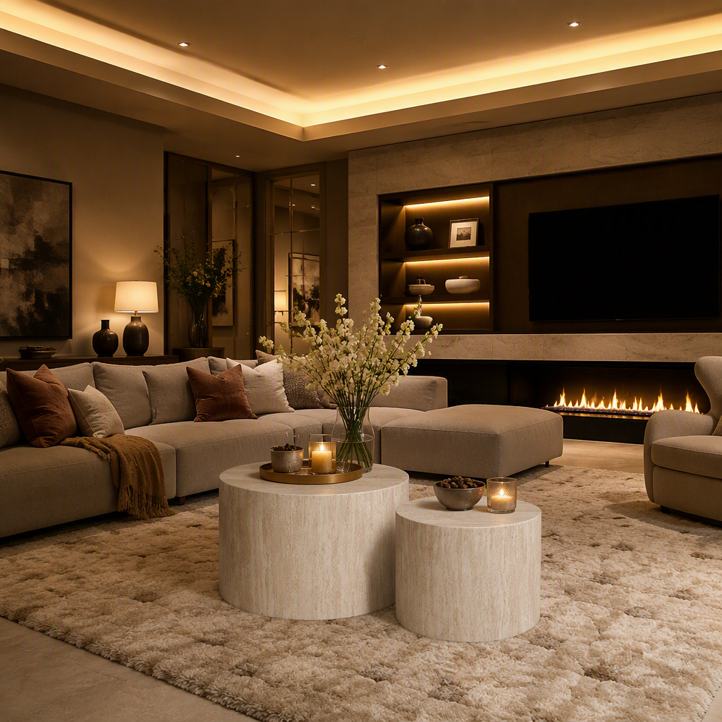 Travertine Mid-Century Marble Coffee Table lifestyle view 6