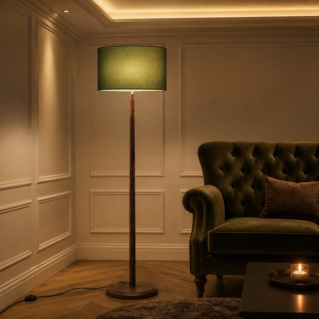 Walnut Mid-Century Linen Floor Lamp — lifestyle image 1
