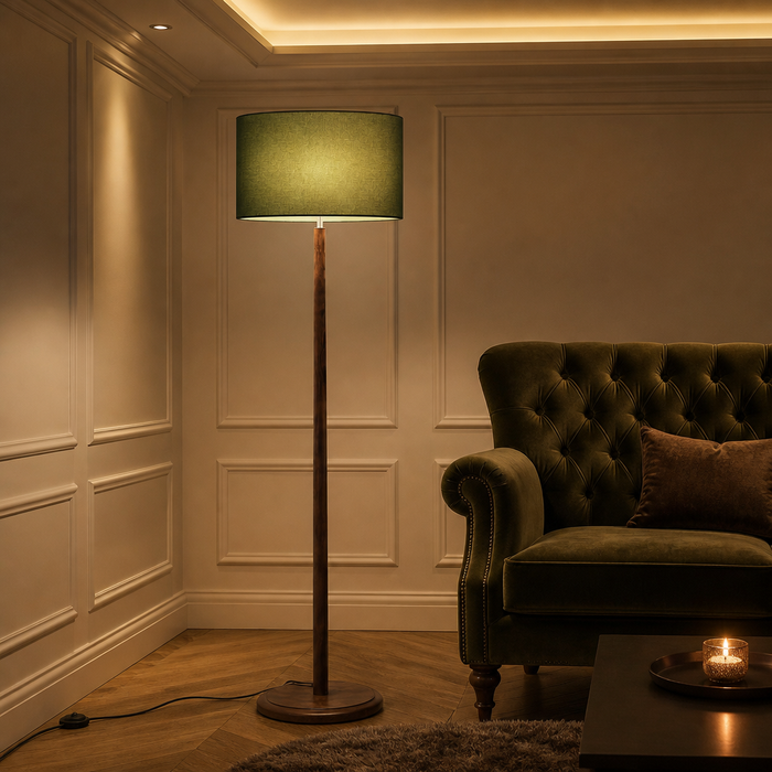 Walnut Mid-Century Linen Floor Lamp — lifestyle image 1