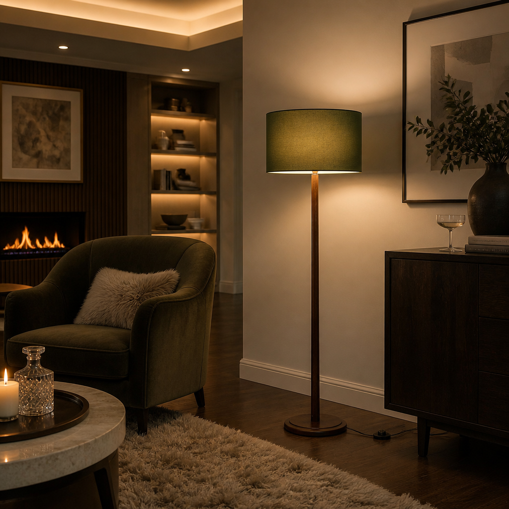 Walnut Mid-Century Linen Floor Lamp — lifestyle image 3