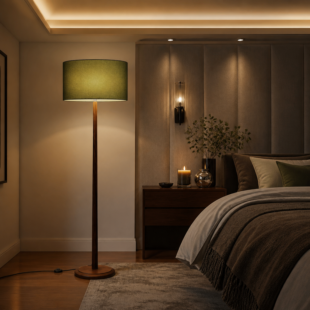 Walnut Mid-Century Linen Floor Lamp — lifestyle image 4