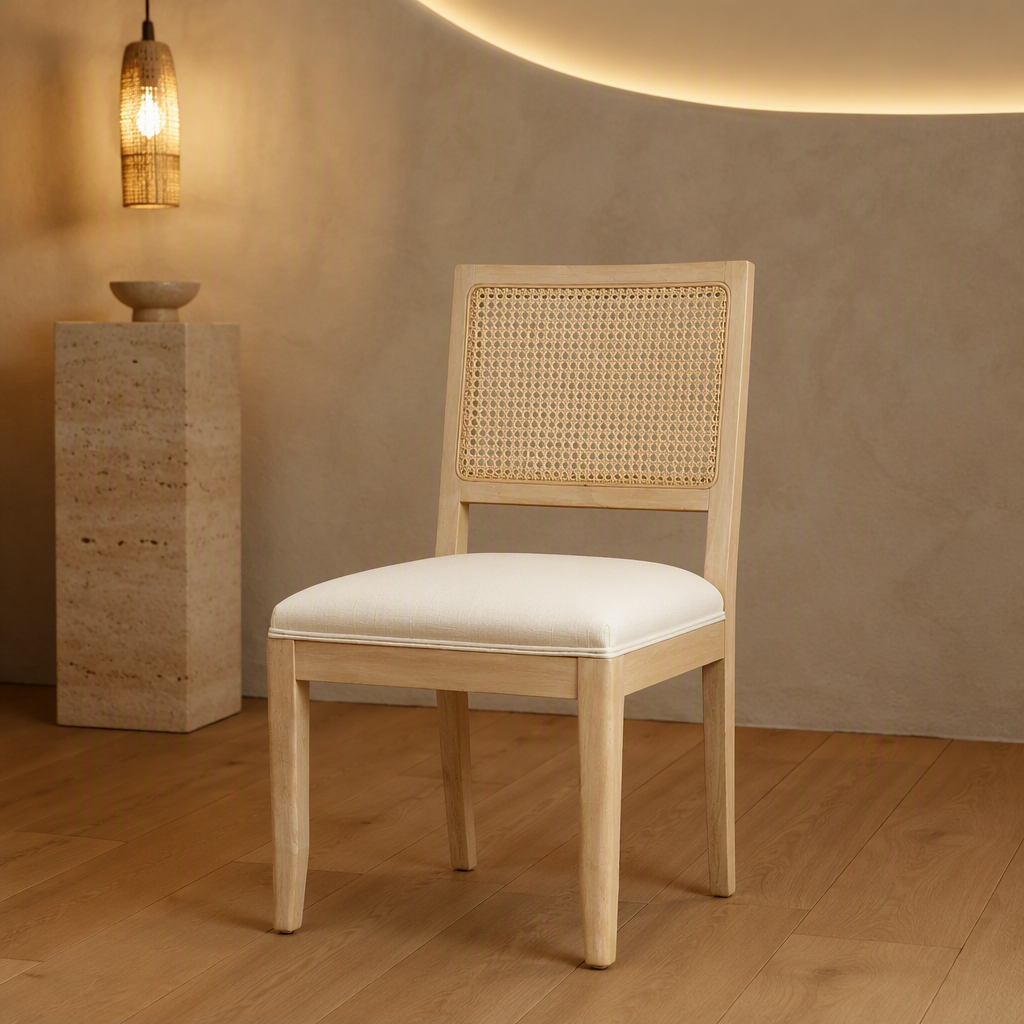 Rattan Mid-Century Linen Dining Chair hero image 1