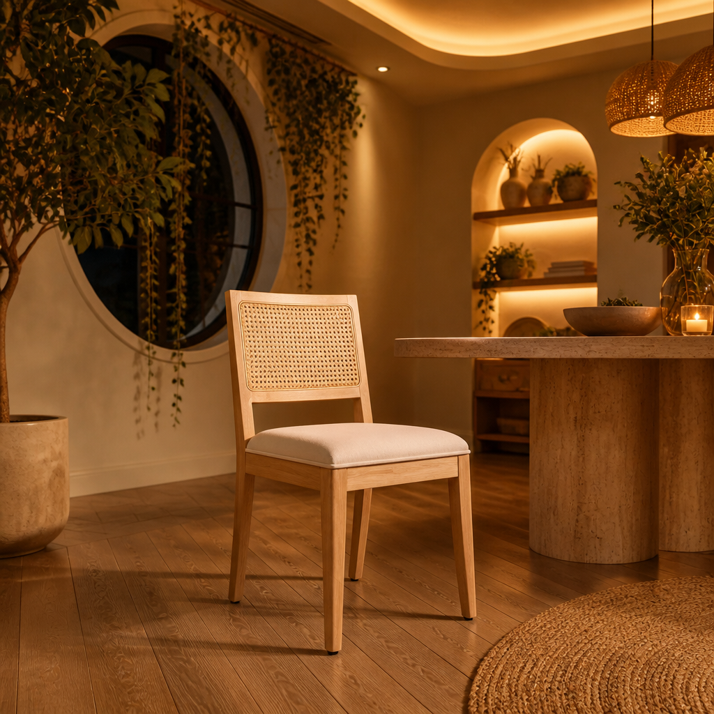 Rattan Mid-Century Linen Dining Chair lifestyle image 3