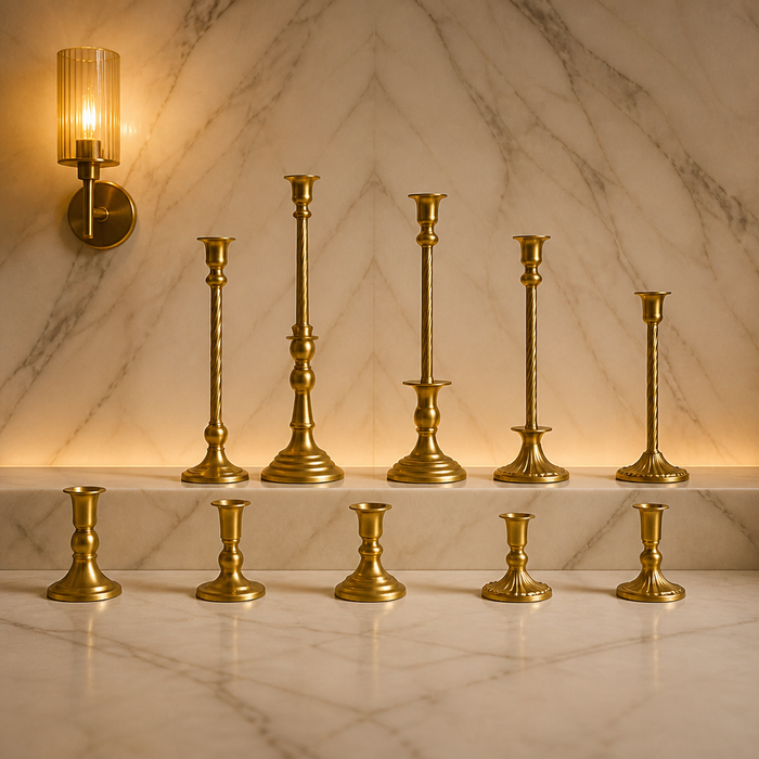 Ten antique gold candle holders arranged in two rows