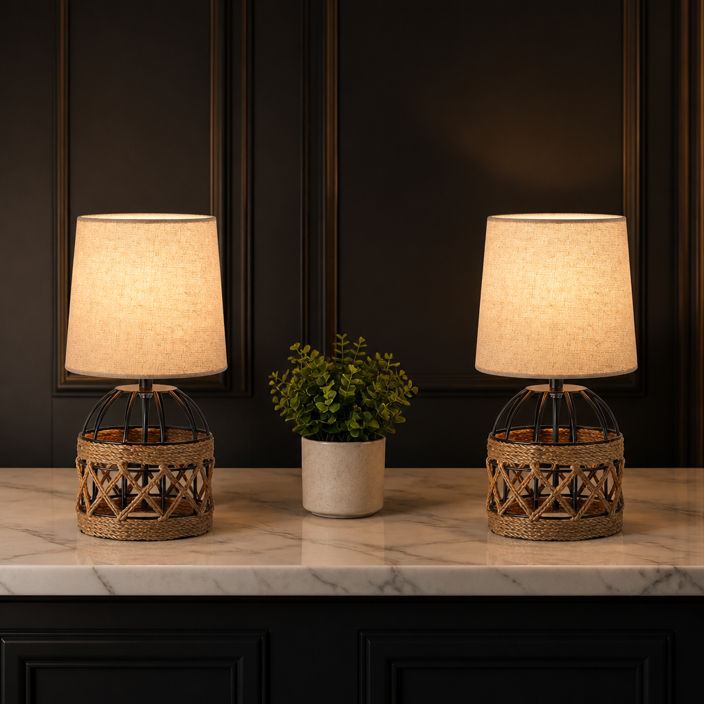 Rattan Farmhouse Linen Table Lamp lifestyle view 1