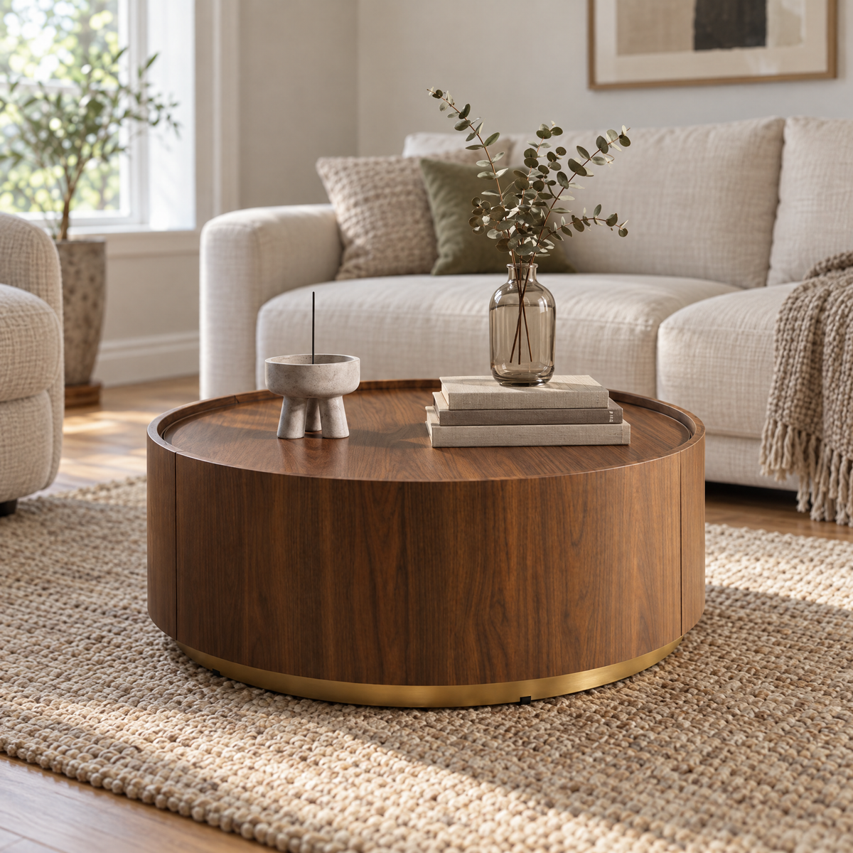 Brown round drum coffee table with a gold-tone base