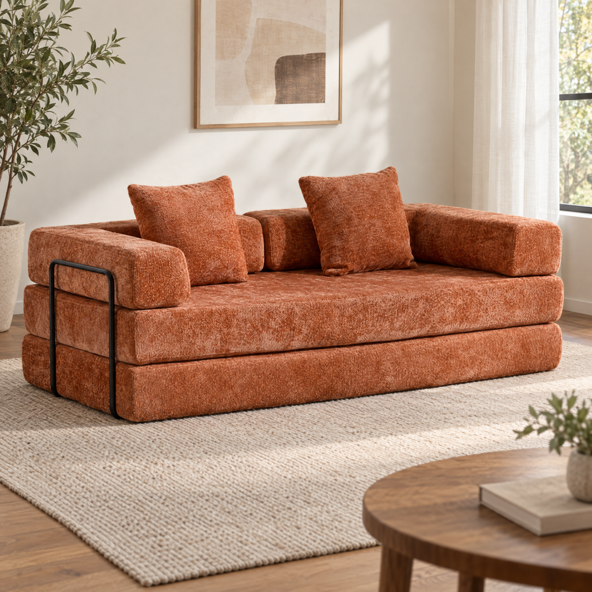 Orange + Chenille +3 Seat folding sofa
