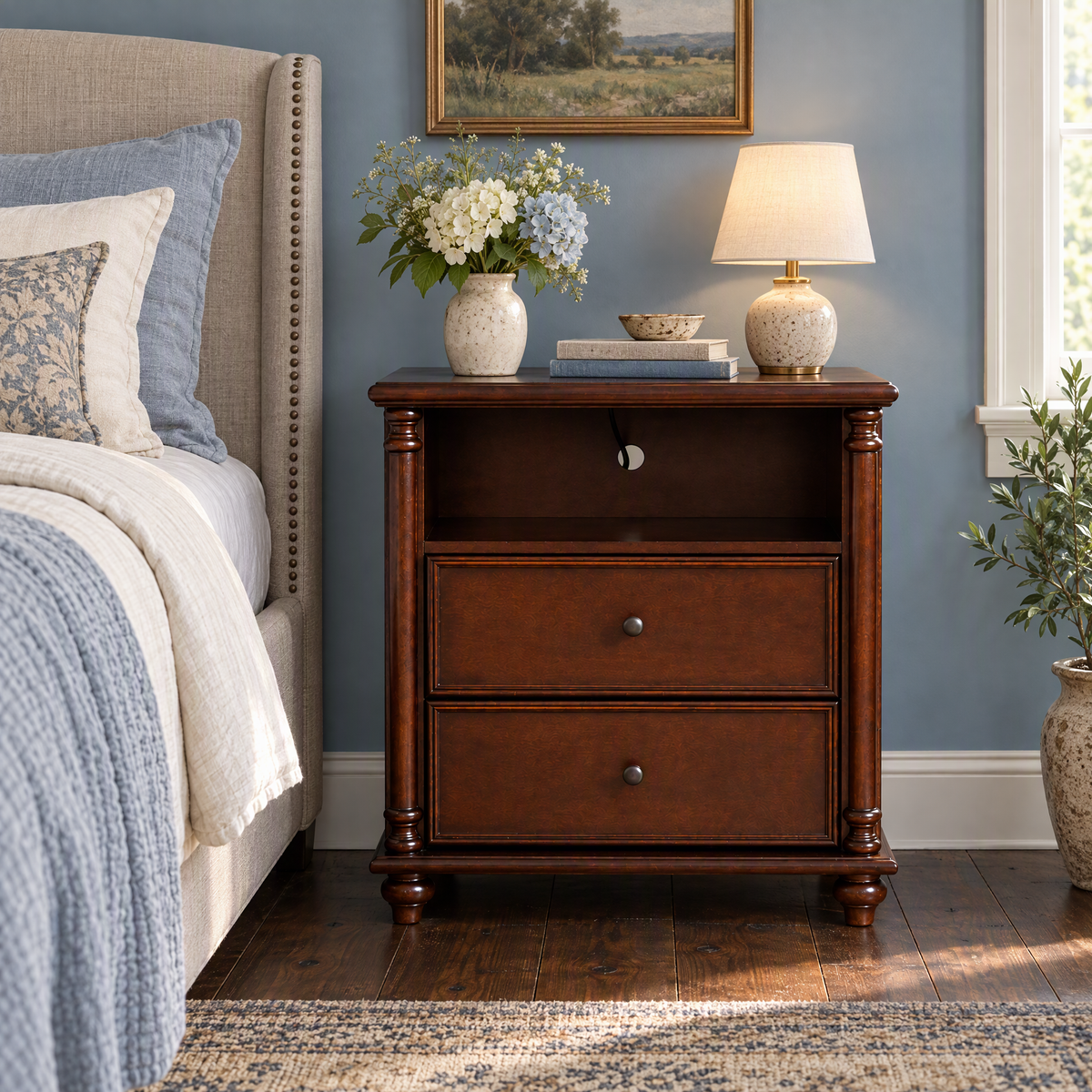 28"Nightstand with Charging Station, Rustic Brown Nightstand, 2 Drawers End Table, Bedside Table Walnut for Bedroom — Brown