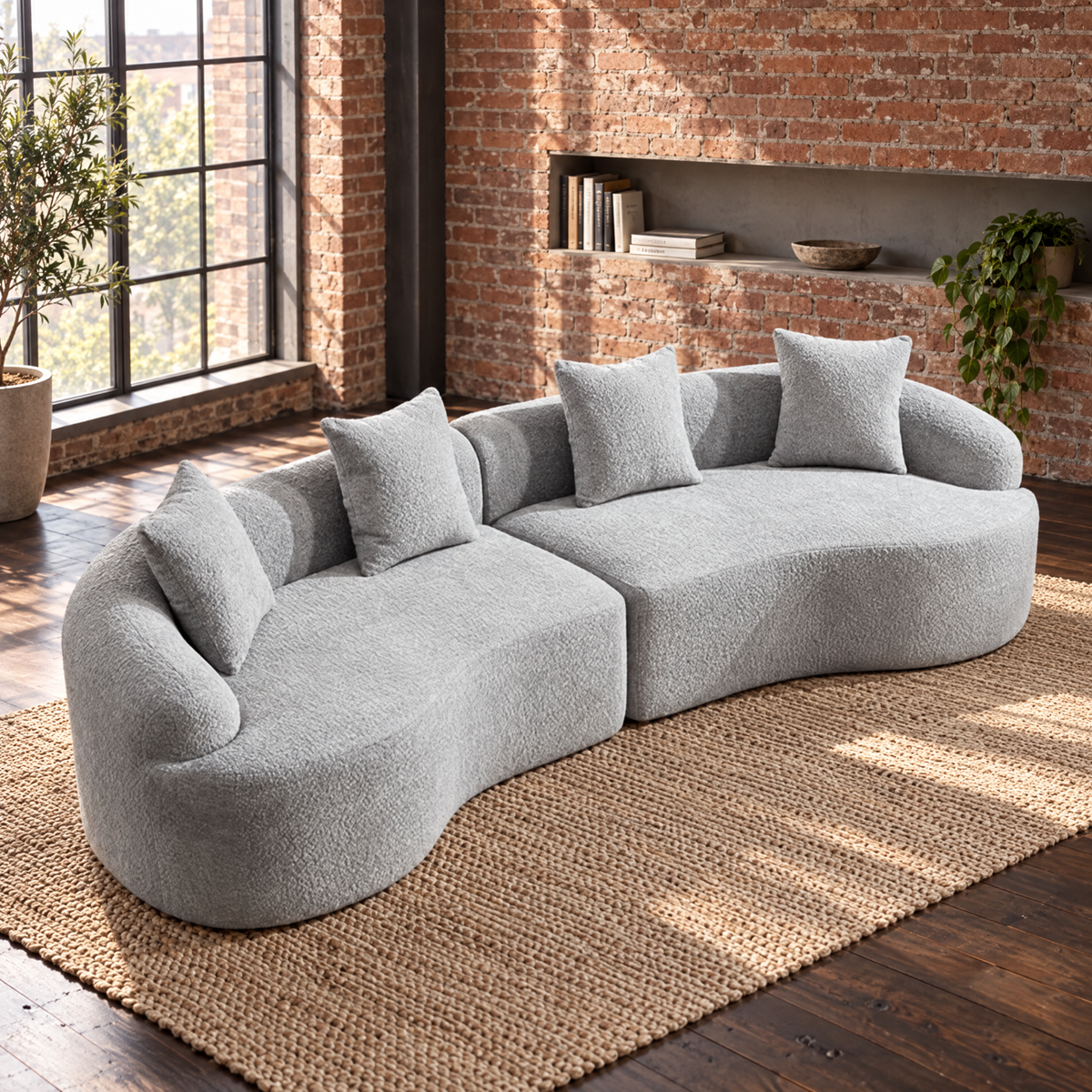 Modern Cloud 4-Seater Sectional Curved Sofa OE HOME Factory Direct Chenille Green Minimalist Living Room Convertible No Assembly — Grey + Chenille + 4 Seat + Foam