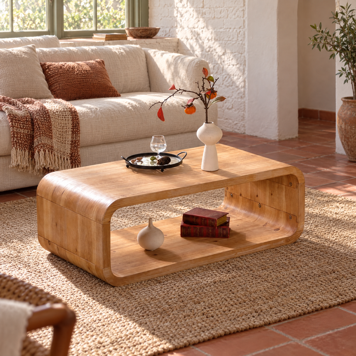 As pictured Modern Open-Frame Elegant Curved Light Wood Coffee Table with Open Storage for Contemporary Living Rooms