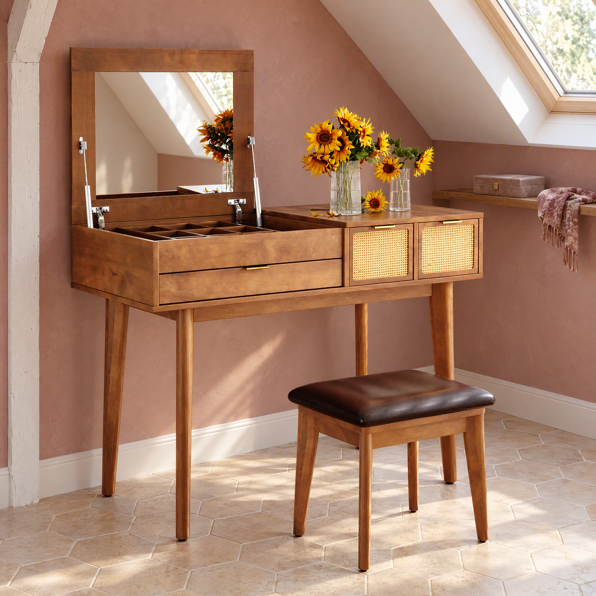 Color 43.3" Modern Wood Foldable Makeup Vanity Set Flip-top Mirror Stool Dressing Table Three Drawers Storage Space Bedroom Hotel Use