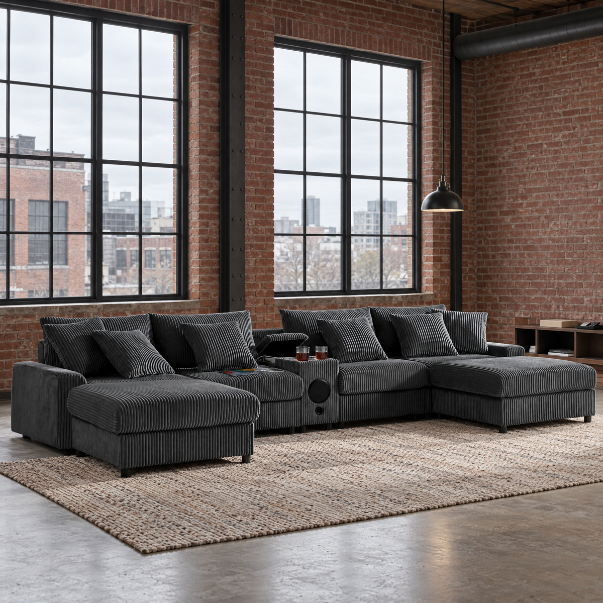 Dark Gray Corduroy Convertible Sectional Sofa Set Bluetooth Speakers U-Shaped Design Console USB Charger Cup Holders for Apartment Use