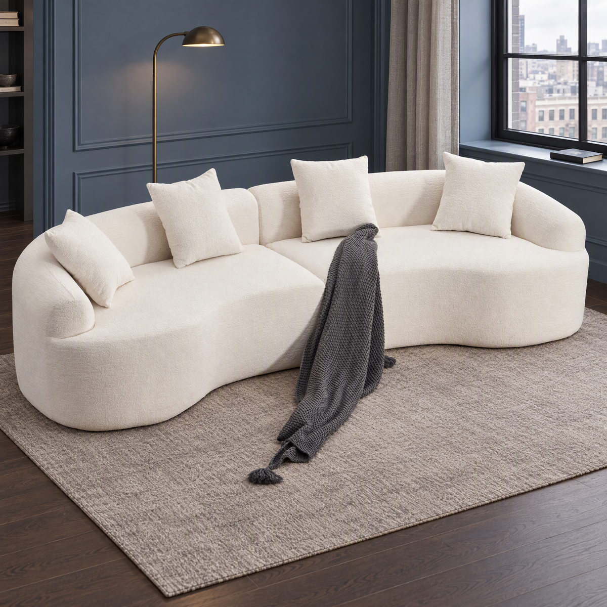 White 110'' Curved Boneless White High-Density Sectional Sofa Compression Modular Reclining Couches Sleeper for Modern Living Hotels