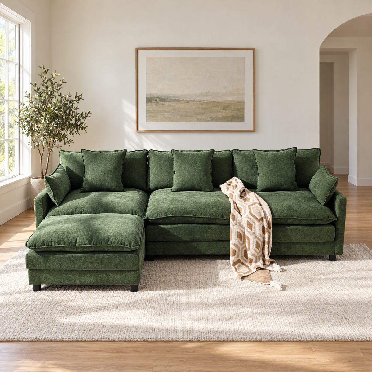 Green Green chenille sofa with left ottoman