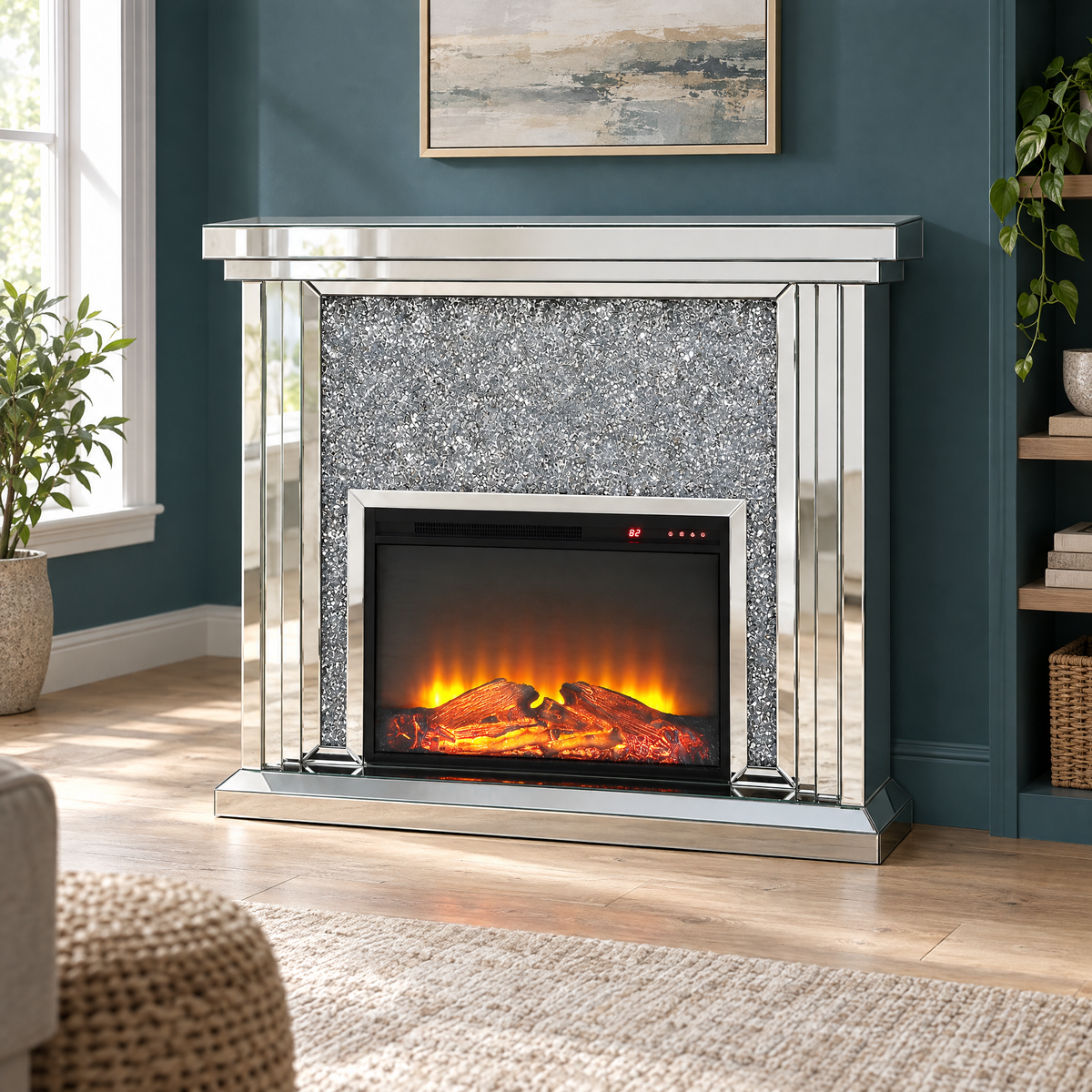 Modern Convertible Synthetic Wood & Mirror Fireplace Cabinet with TV for Living Room Bedroom & Hotel Use — Silver