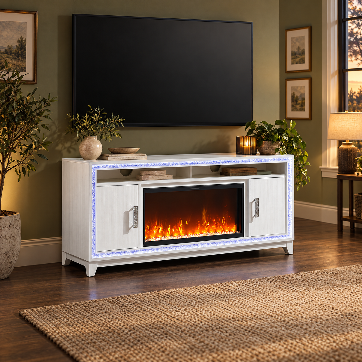 White 72 Inch Solid Wood+MDF Modern Convertible Living Room Fireplace Cabinet for Home Furniture — White