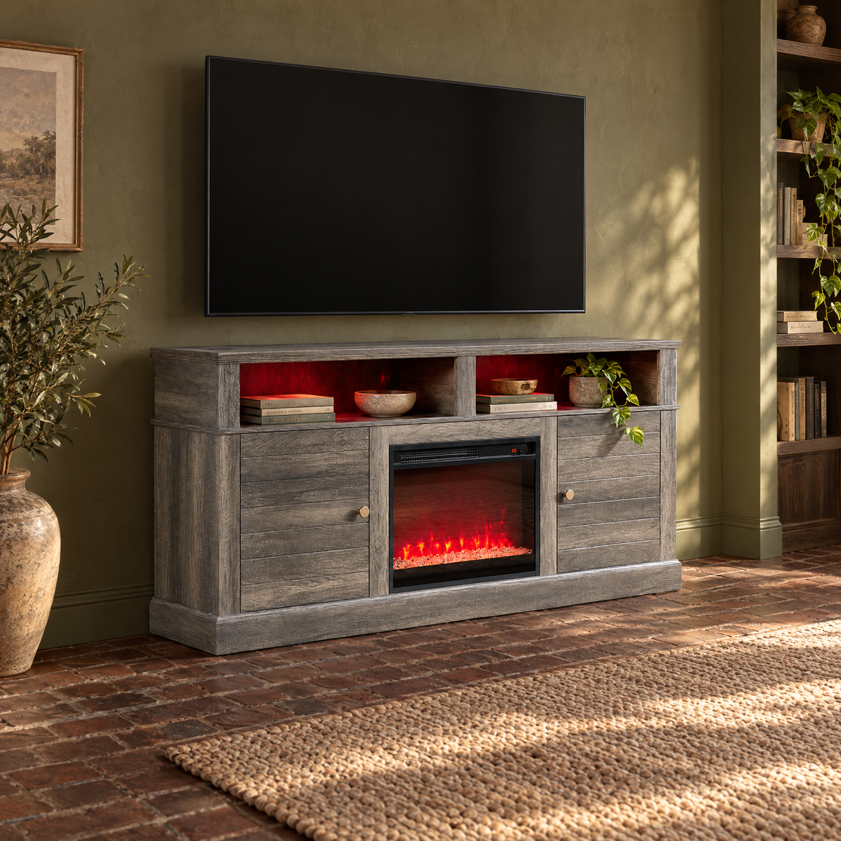 Modern Gray Walnut Finish TV Stand Console with Fireplace and Heater for Living Room and Hotel Use — Gray