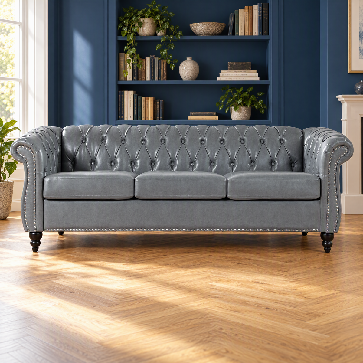 Modern White Velvet Three-Seat Sofa Set Relaxing Dune Style for Apartment Mall Hotel Villa Reclining Feature for Salon Furniture — Grey + PU + 3 Seat + Foam