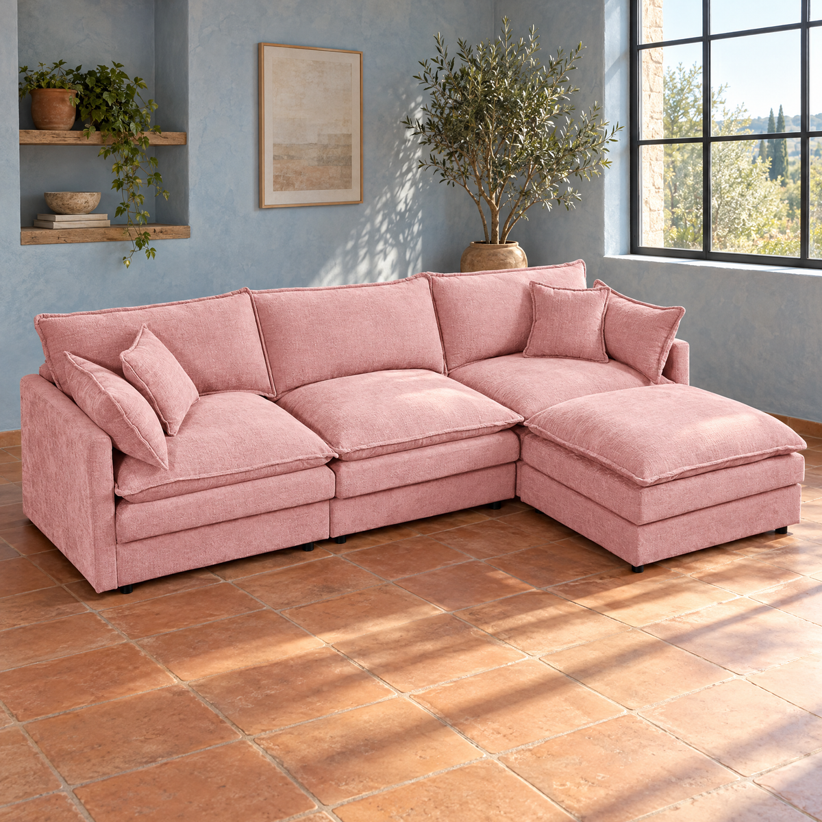 Modern Sofa L Shaped Couch Set for Living Room 3-Seater Comfy Cloud Couches for Living Room & Bedroom — Pink