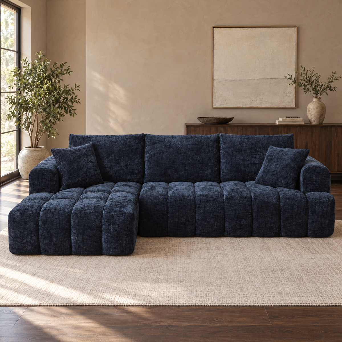 Chenille L-Shape Convertible Luxury Sectional Oversized Sofa Set Minimalist Design Comfy Sleeper Couch for Apartment Living Room — LHF-Dark Blue
