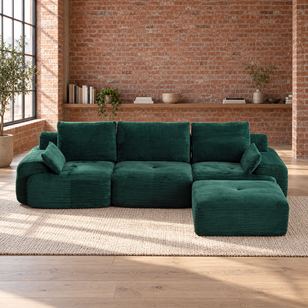 Modern Sponge Compressed Sofa Set Modular Sectional Sofa for Apartment & Hotel Use Pet-Friendly Chenille Fabric — Green + Corduroy + 3 Seat