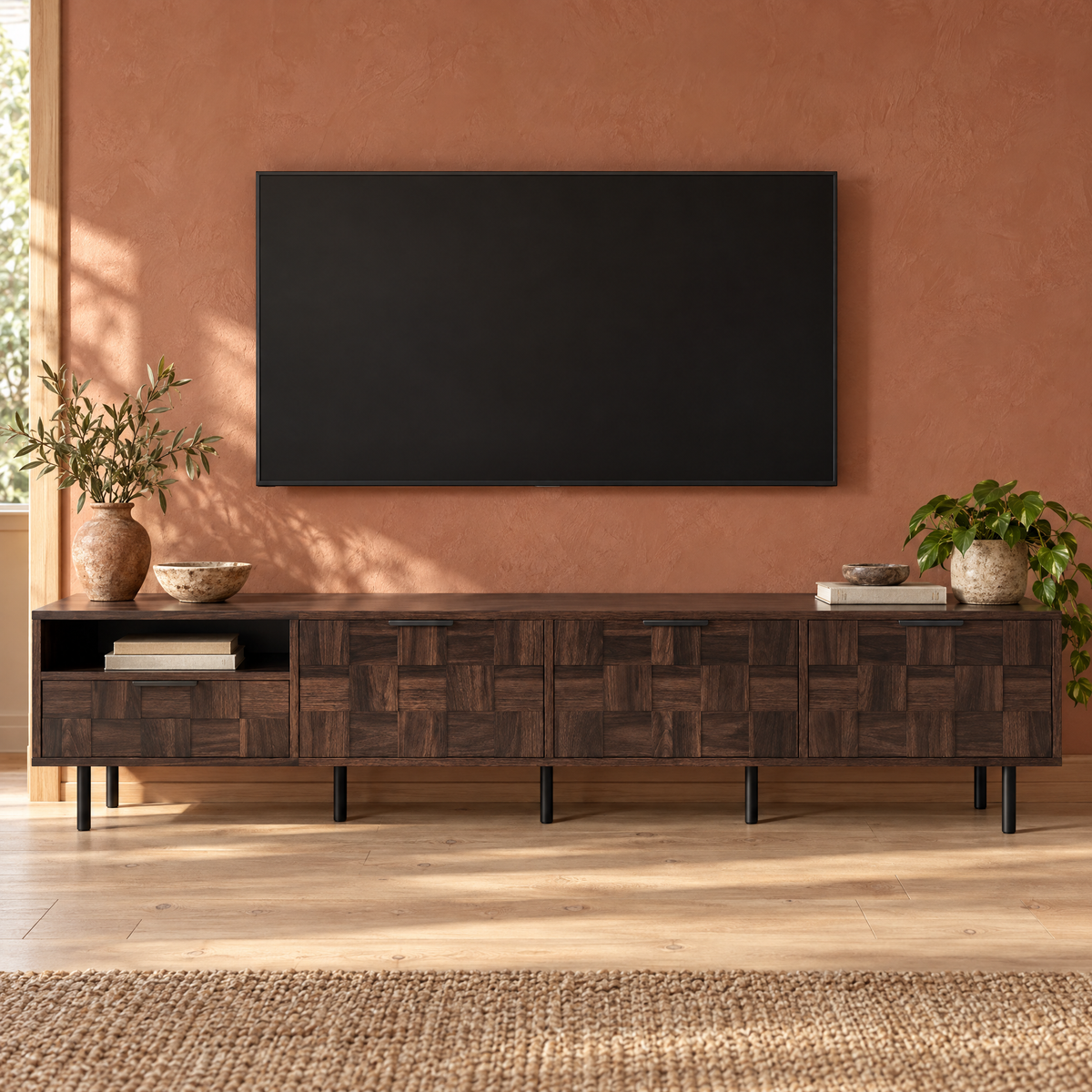 Mid Century Modern Wood TV Stand with Adjustable Shelves and Storage Cabinets for 65+ Inch TVs Living Room Home Furniture — Walnut