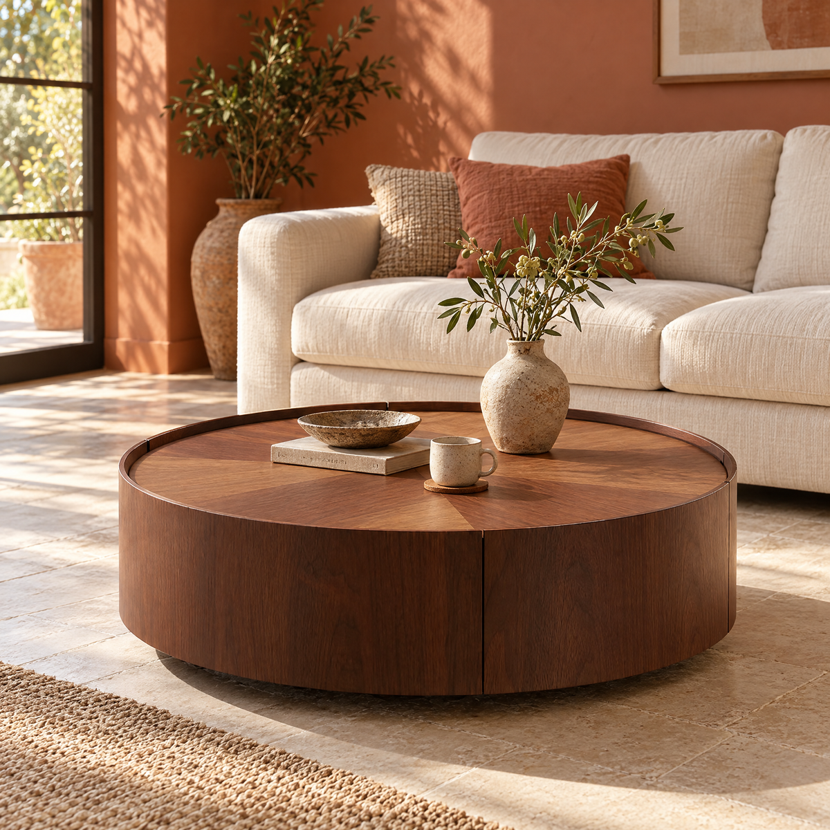 39.3-inch Modern Coffee Tables Circular Walnut Design Decorative Easy Assemble for Living Rooms & Bedrooms — Walnut