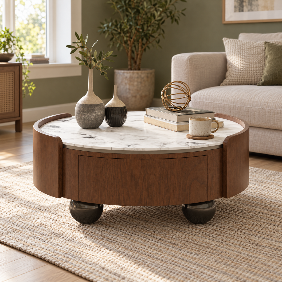 35.43" Round Modern Coffee Table with Marble Top and Storage Drawers Solid Wood Frame for Living Room Furniture — Walnut Brown