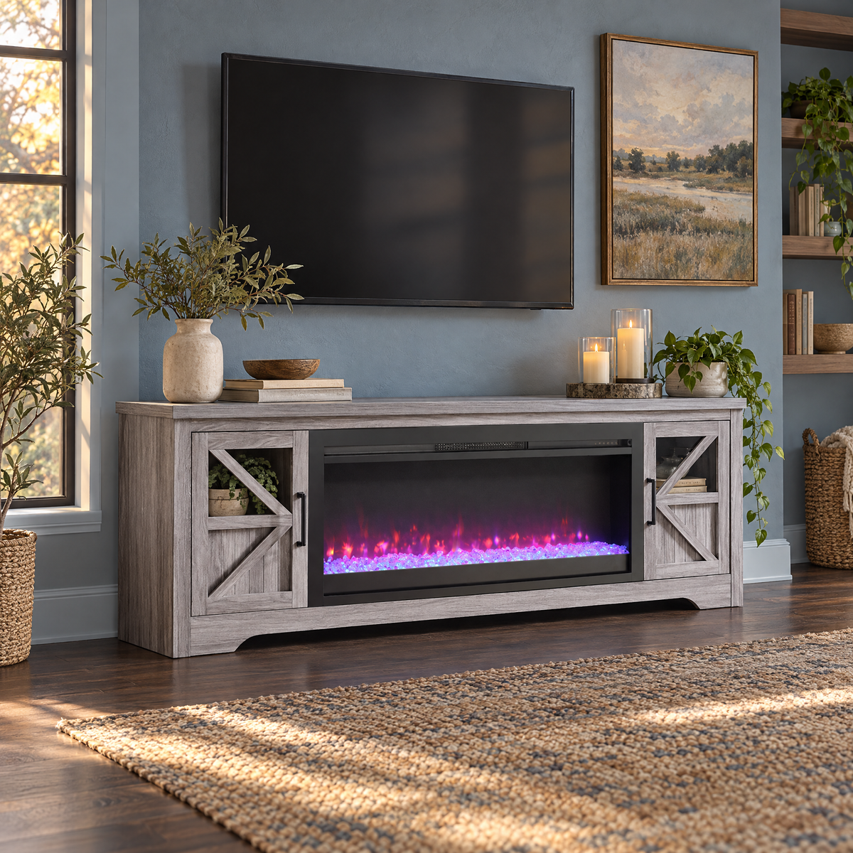 Modern Convertible Fireplace TV Stand for TVs up to 80" with 44" Electric Fireplace Living Room Furniture — Gray Wash