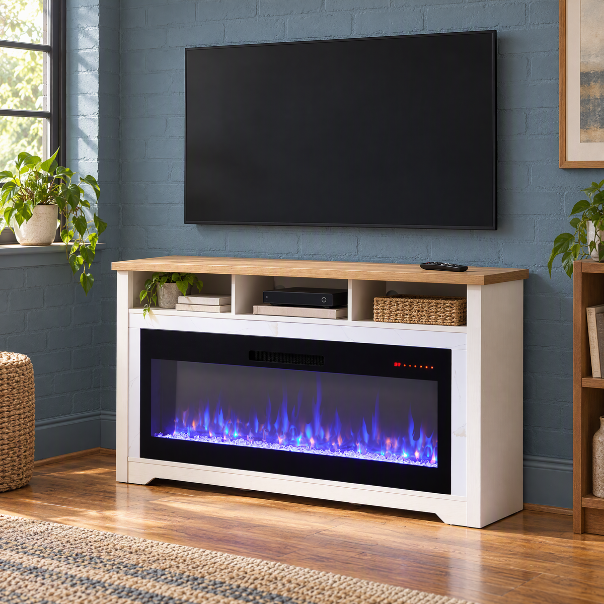 70 Inch Modern Living Room Fireplace TV Stand for TVs up to 70" with 60" Smart Electric Fireplace White — Cream White