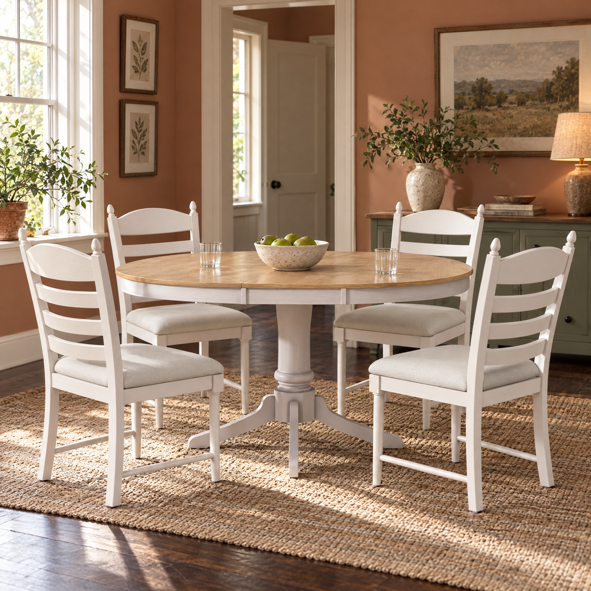 5-Piece Modern Extendable Dining Table Set 4 Comfortable Upholstered Chairs Solid Wood Dining Room Furniture for Hotel Apartment — White + Solid Wood