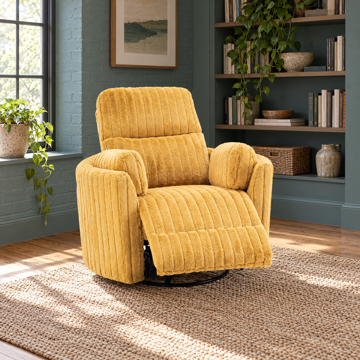 Power Glider Recliner W/ Swivel Curved Arms Pillow Fill Swivel Chair Contemporary Primary Living Room — Yellow