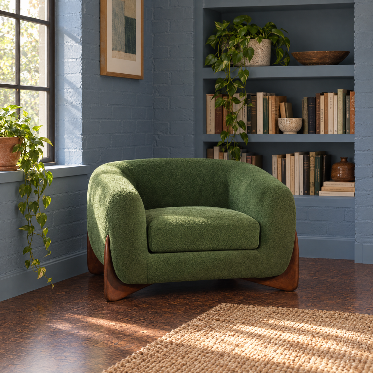 Modern Tufted Sherpa Arm Chair Ivory White Boucle Leisure Chair for Living Room — Chair + Green + Fleece
