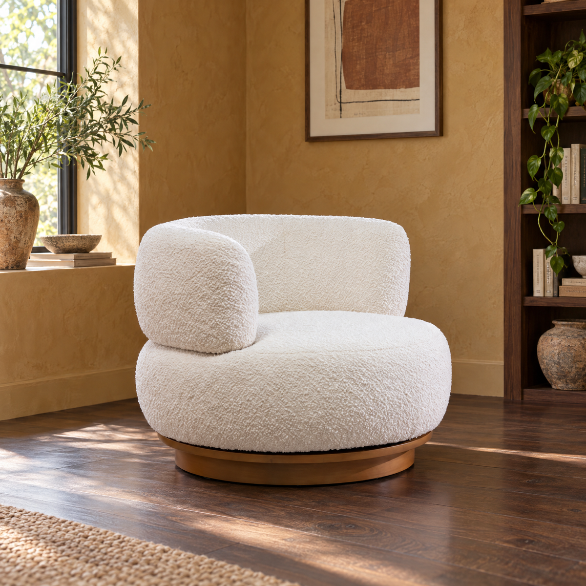 Simple Modern Tufted Leisure Living Room Chairs 360 Swivel Low Barrel Back Accent Chair Ivory White Boucle Eco-Friendly — White