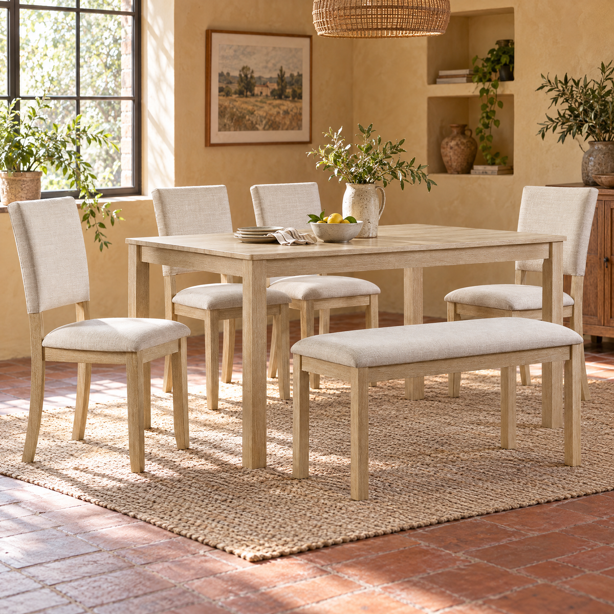 6-Piece Modern Wooden Dining Table Set with Bench and 4 Upholstered Chairs Durable & Eco-Friendly — Rectangular 6 Person Dining Table Set with Bench and 4 Chairs