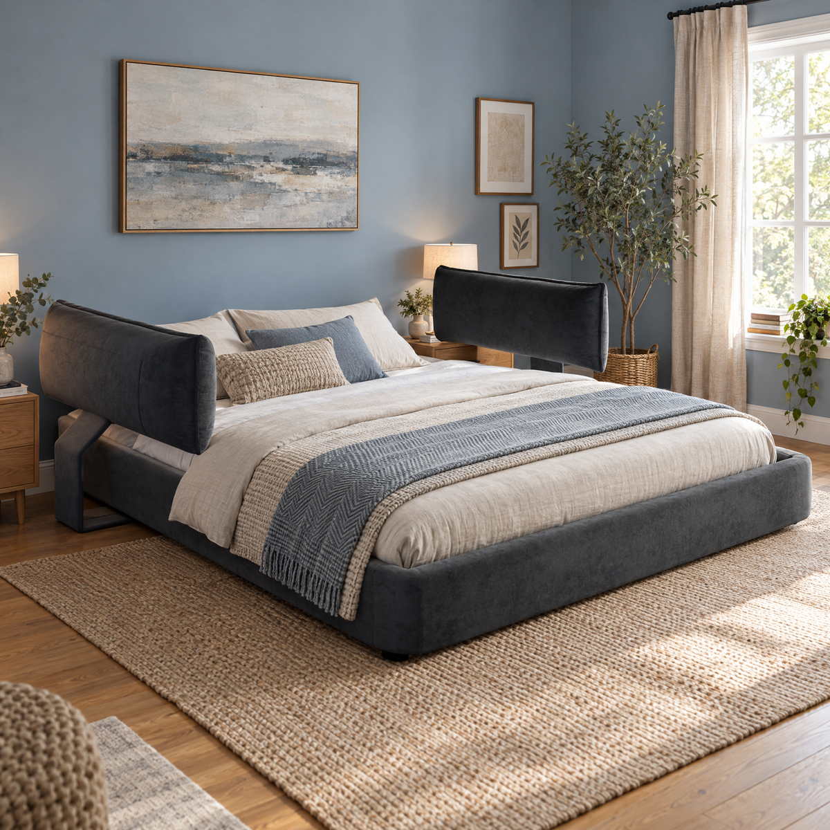 King Size Cloud Bed Frame with Oversized Padded Movable Headboard, Chenille Upholstered Bed with Round Corner — DARK GREY + Chenille
