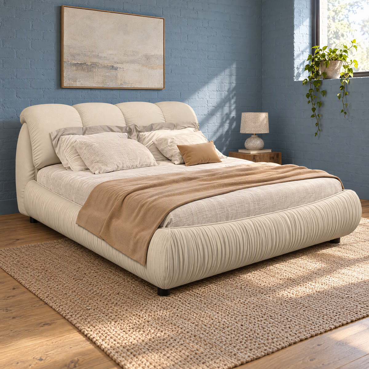 Modern Queen Size Luxury Upholstered Platform Bed with Oversized Padded Backrest and Solid Wood Frame Soft Apartment-Friendly — Beige+ King