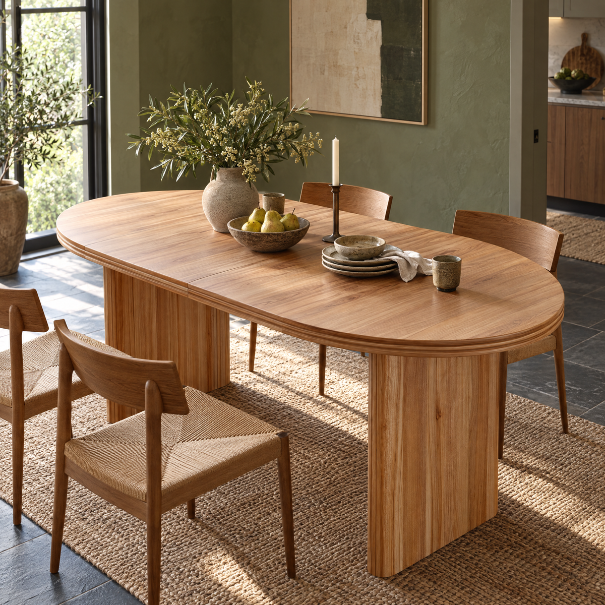 55.12"-70.87" Modern Extendable Wooden Dining Table Removable Extension Leaves Mid-century Modern Style Assembled Home Dining — Natural Walnut