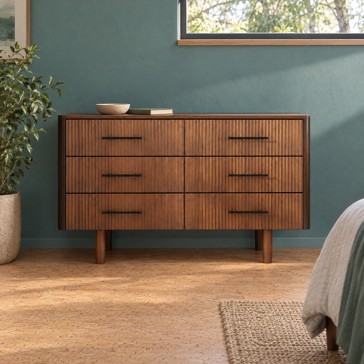OE.HOME Modern Solid Wood Makeup Vanity Dresser 6-Drawer Storage Cabinet for Bedroom Hotel Beauty Salon Use — Brown