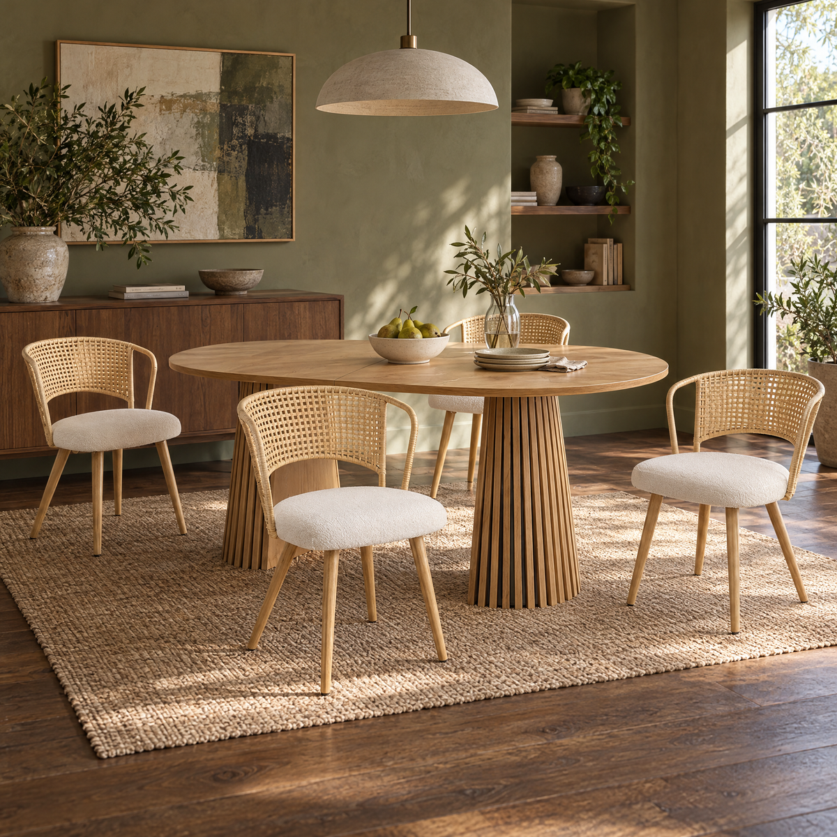 Modern Solid Wood Stretching Dining Table + Comfortable Brown Wicker Dining Chairs 4-piece Set for Apartment & Hotel Use — Brown,Natural