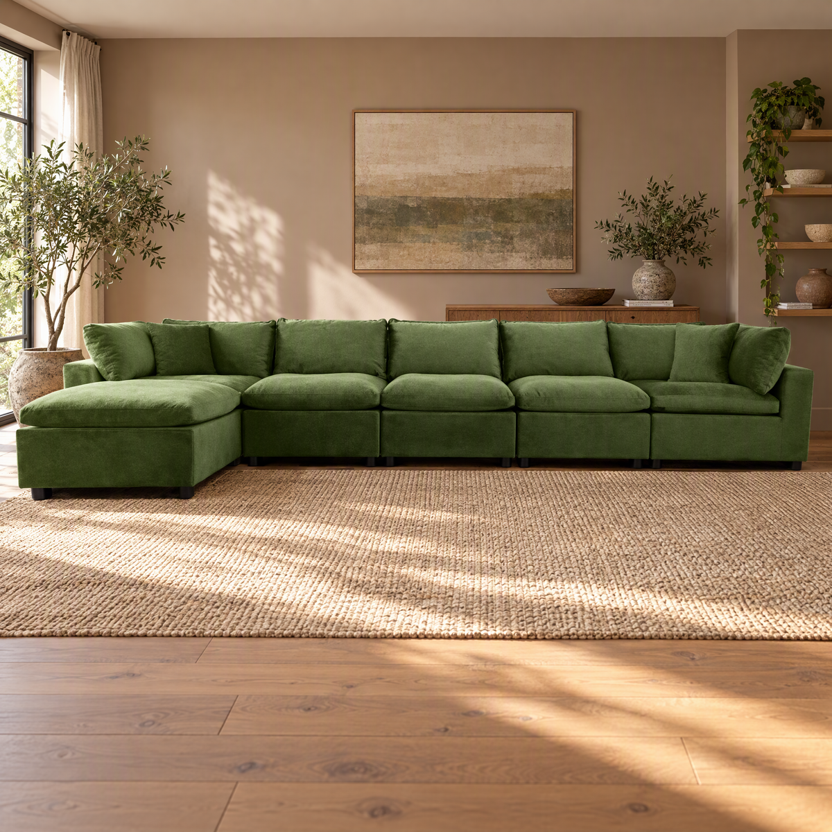 Modern  Hayward Olive Green Velvet Modular Sectional Sofa for Living Room and Villa Oversized 6 Seat Hotel — Green + 6 Seat