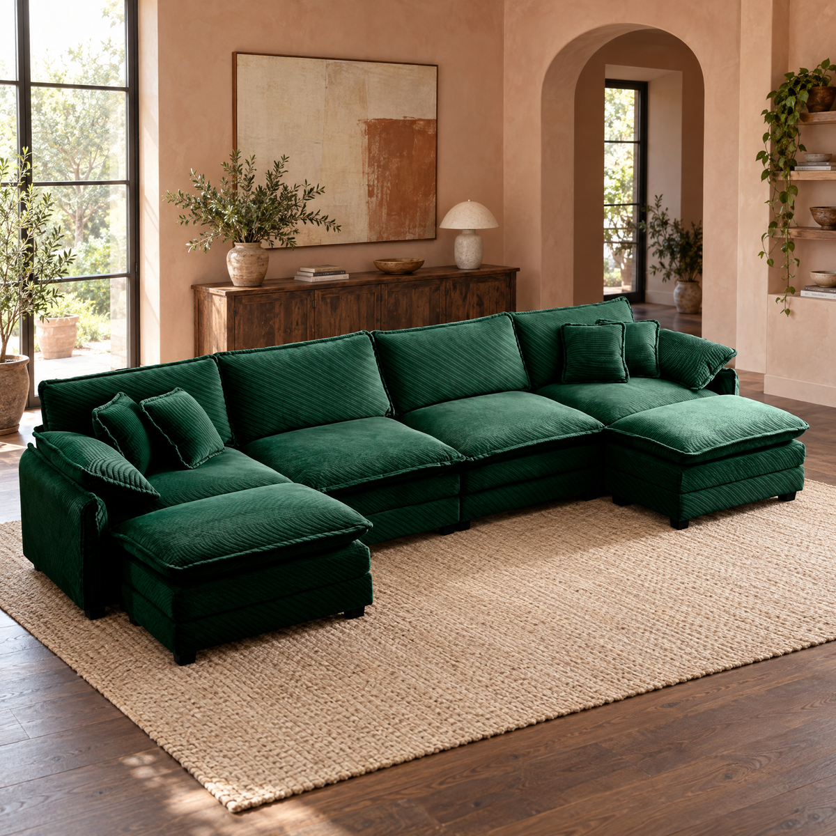 U-Shape Convertible Corduroy Sofa Set Modern 4-Seater with 2 Ottomans Premium Soft Fabric Sofa Bed — Green + Corduroy + 4 Seat