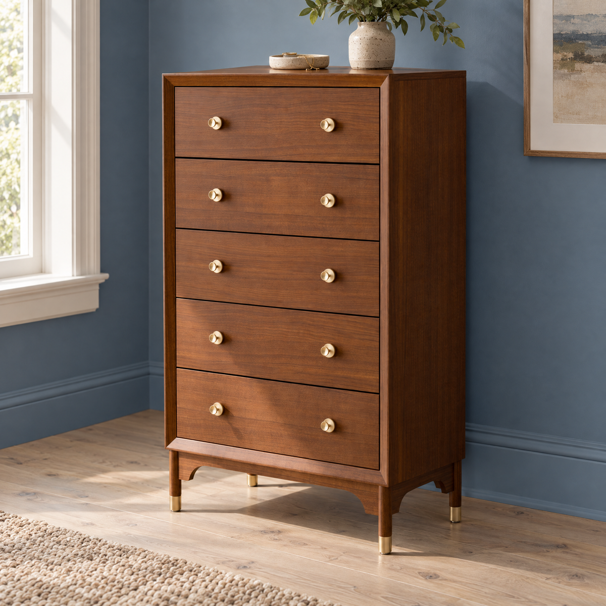 1pc Contemporary Walnut Finish Gold-Capped Legs Five-Drawers Tall Chest Wooden Drawers — Walnut + Engineered Wood