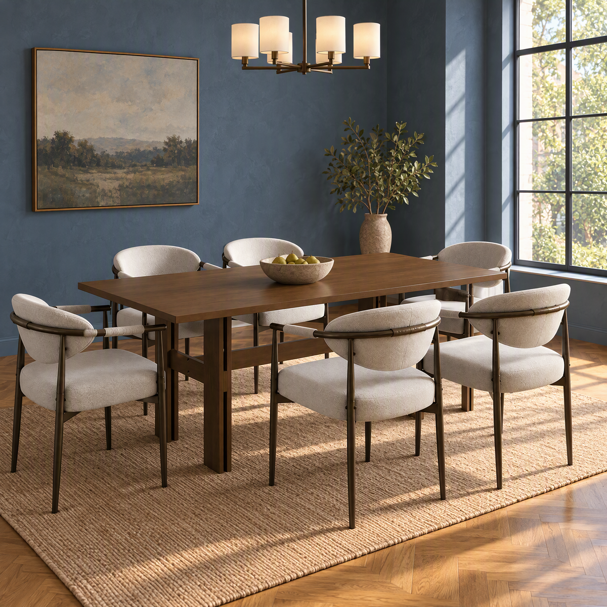 7 Pieces Modern Square Rubber Wood Dining Set 6 Seater Apartment-Friendly Large Luxury Retro Country Dinner Set — 7-Piece Dining Table Set