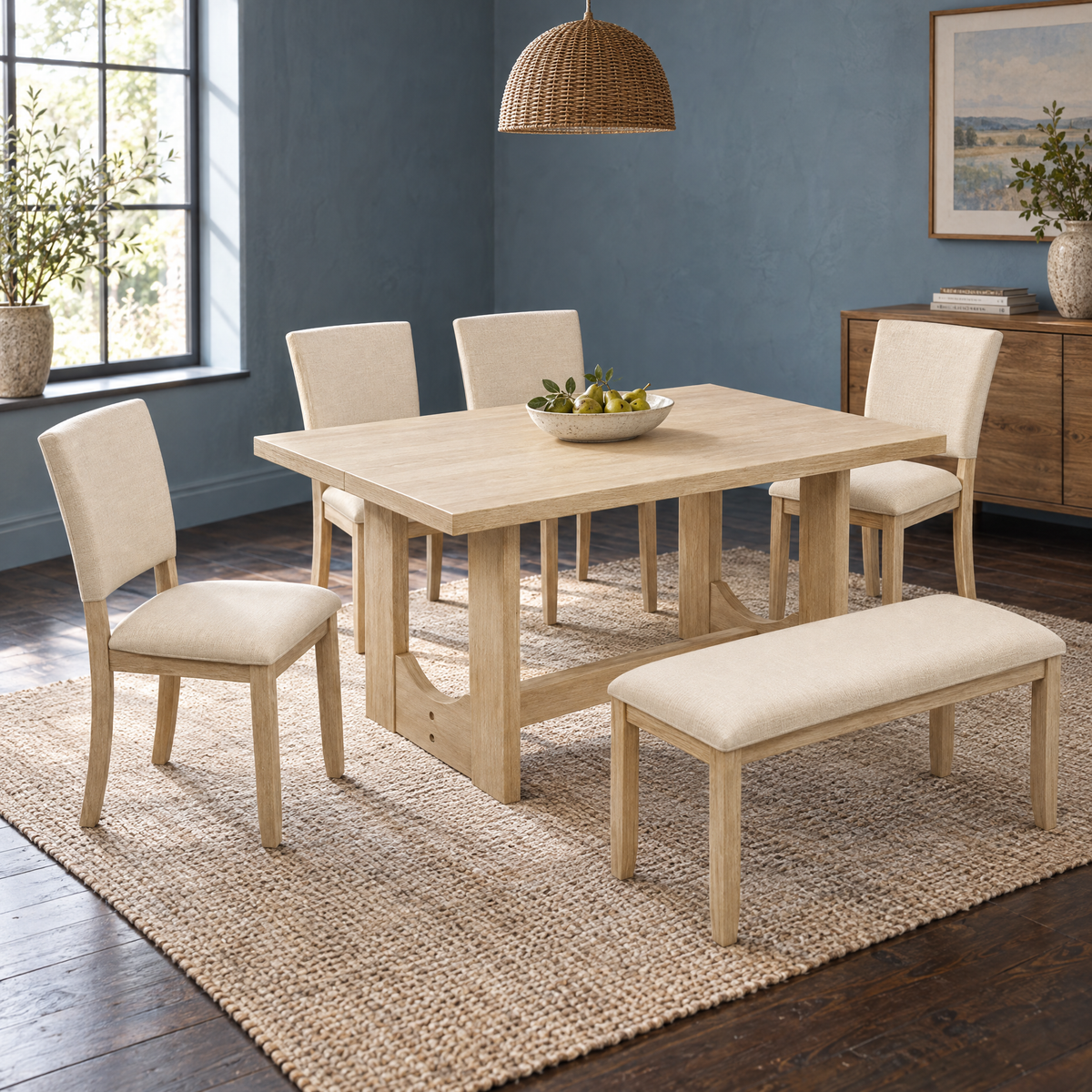 7-Piece Scandinavian Dining Table Set 6 68-Inch Rectangular Kitchen Table Waterproof Top Sturdy U-Shaped Frame Light Wood Beige — Light Oak+Beige-2
