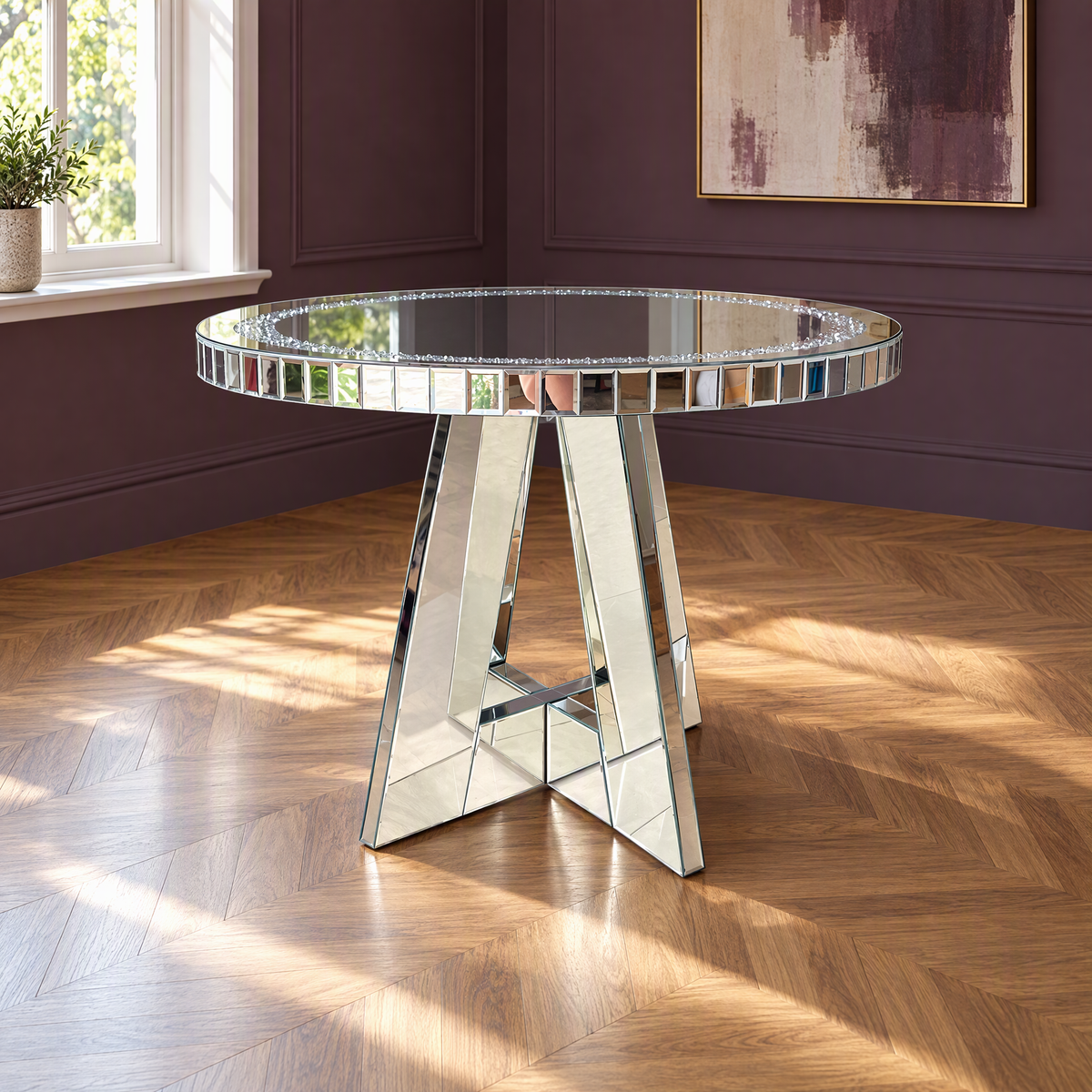 Diamond Crush Modern Round Mirrored Glass Dining Table with Mirrored Base for Home & Hotel Use — Silver