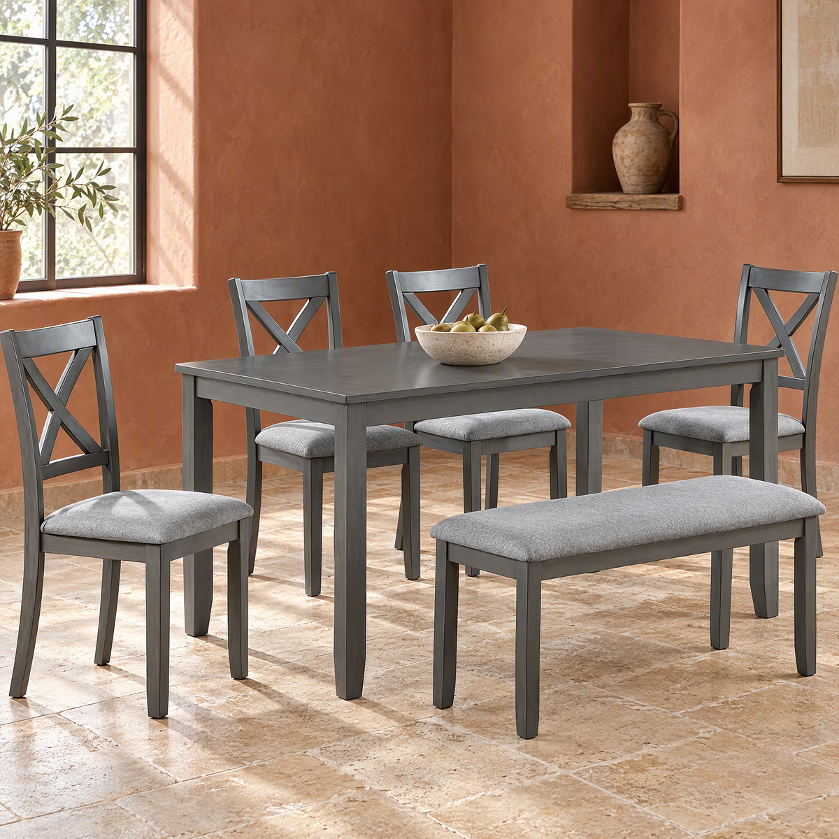 6 Piece Modern Eco-Friendly Durable Kitchen Dining Set Rectangular Wooden Dining Table 4 Upholstered Chairs Bench 6-Person — Gray + 6 Piece Kitchen Dining Set + X-shaped backrest