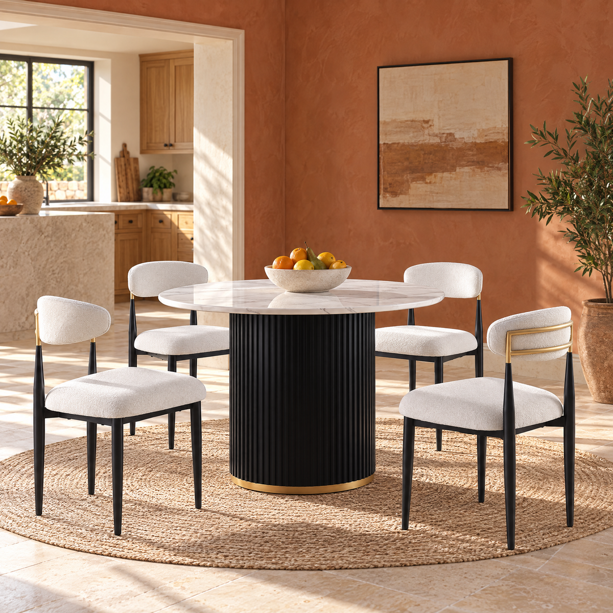 Modern 46" Dining Table Set for 4 Faux Marble Top Black Wave Metal Base Gold Accent Waterproof Durable Hotel Dining Furniture — White